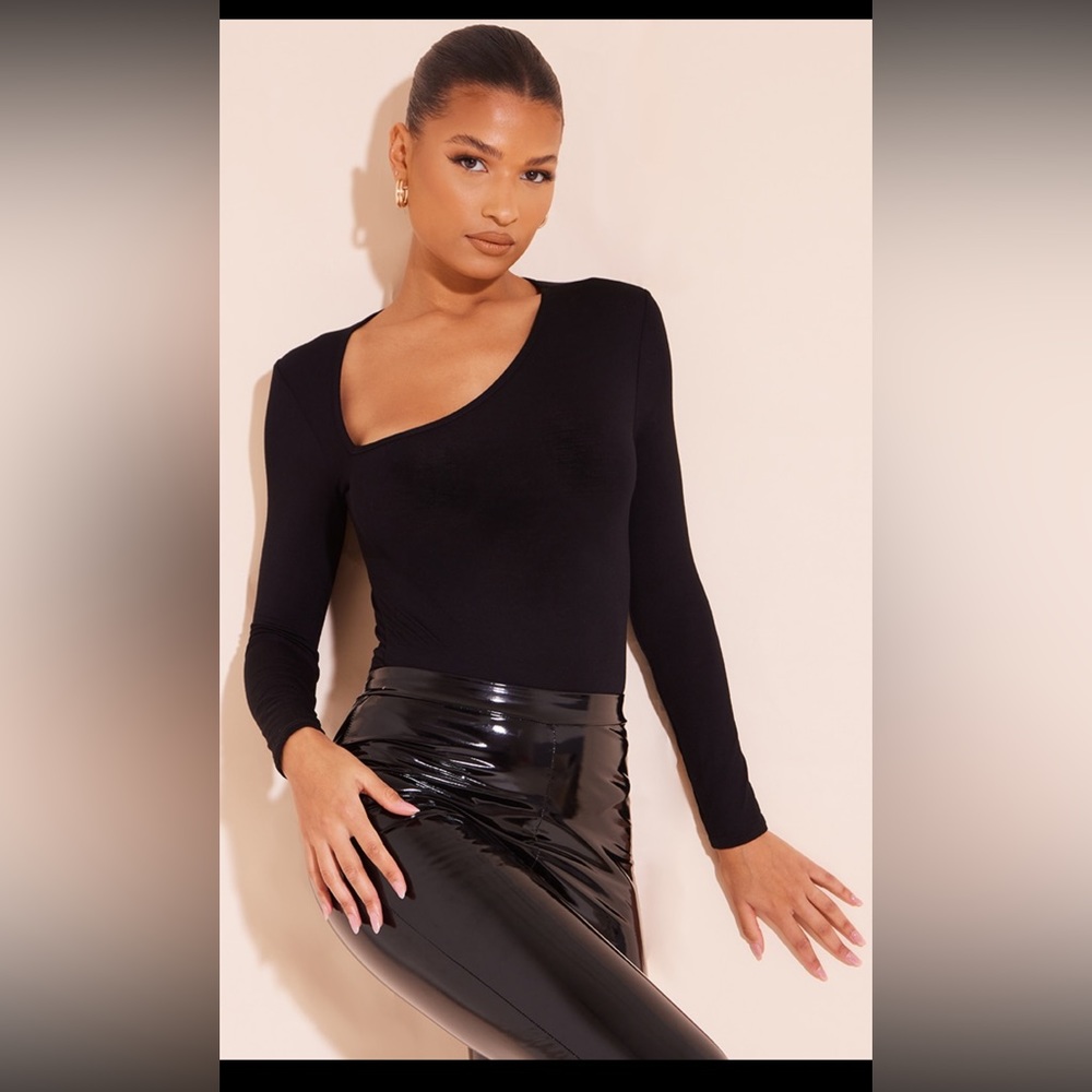 Asymmetrical black thong bodysuit